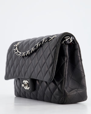 Chanel Black Medium Classic Double Flap Bag in Lambskin Leather with Silver Hardware