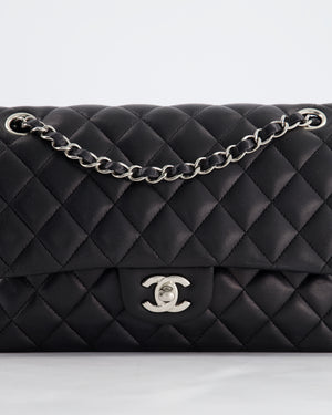 Chanel Black Medium Classic Double Flap Bag in Lambskin Leather with Silver Hardware