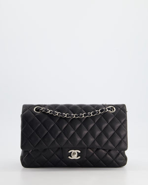 Chanel Black Medium Classic Double Flap Bag in Lambskin Leather with Silver Hardware