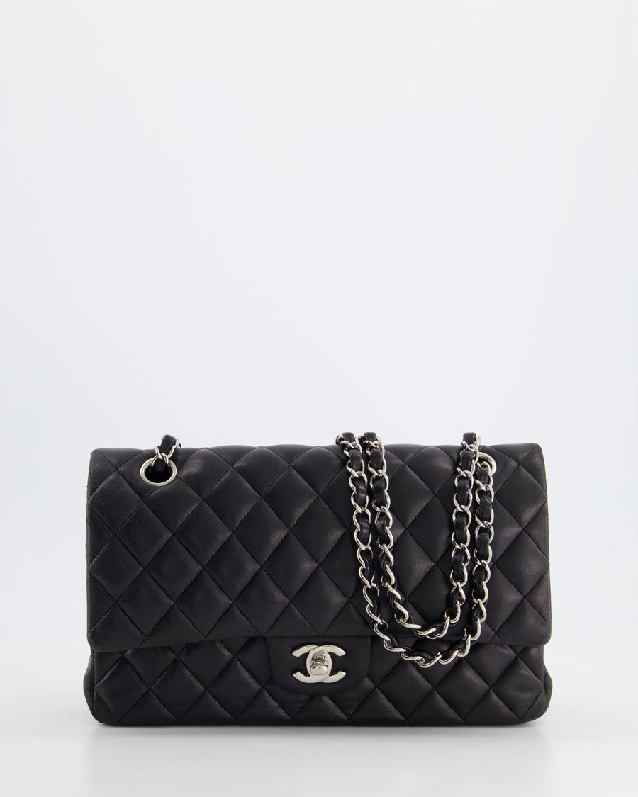 Chanel Black Medium Classic Double Flap Bag in Lambskin Leather with Silver Hardware