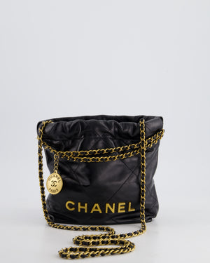 Chanel 22 Mini Hobo Bag in Black Shiny Lambskin with Brushed Gold Hardware