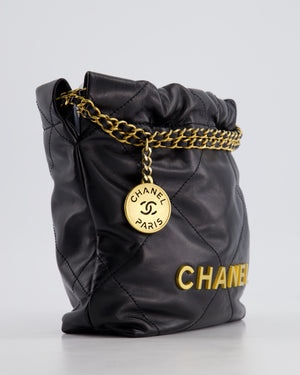 Chanel 22 Small Hobo Bag in Black Shiny Lambskin with Brushed Gold Hardware