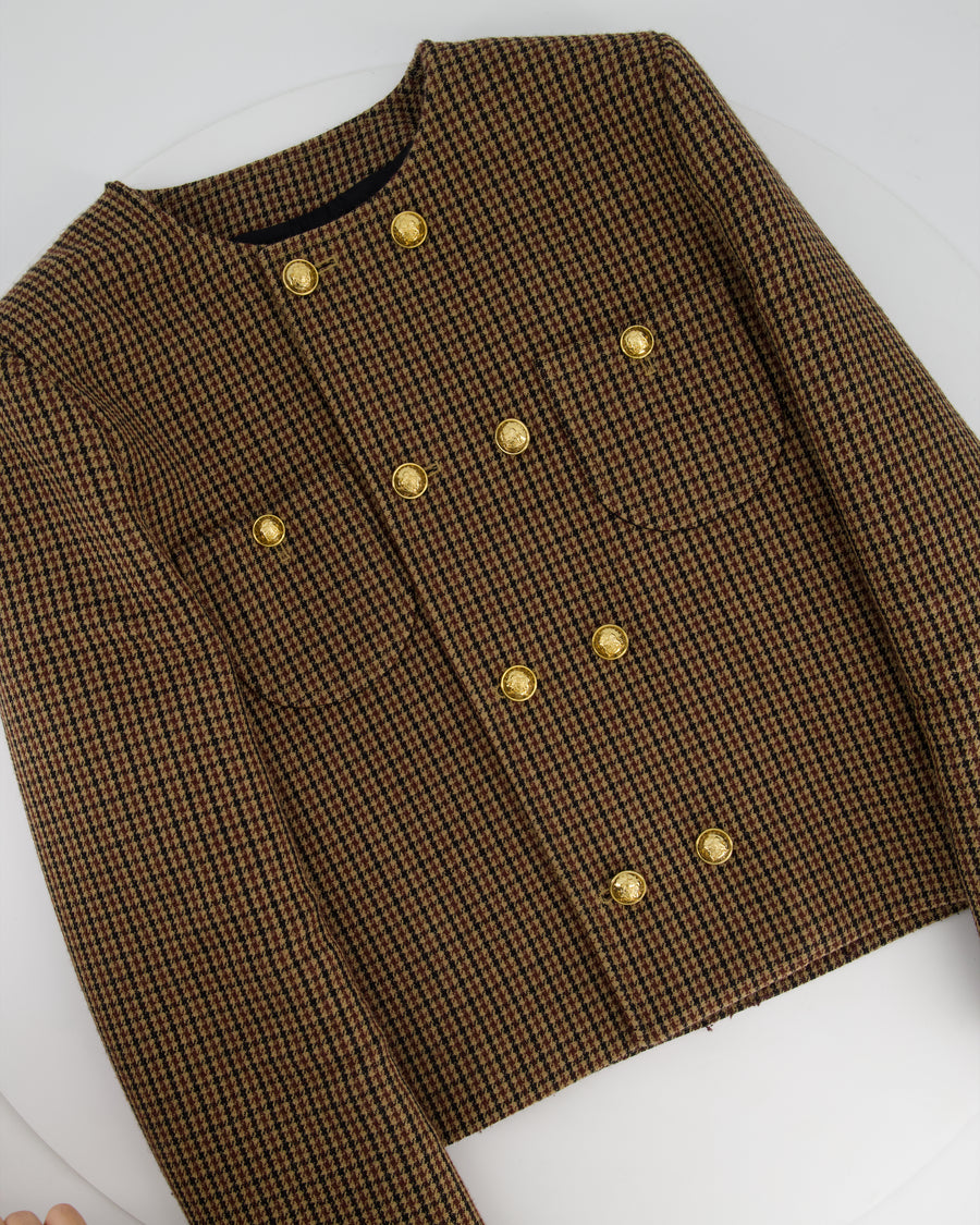 Celine Brown Houndstooth Collarless Jacket with Front Pockets and Gold Crest Buttons Size FR 42 (UK 14)