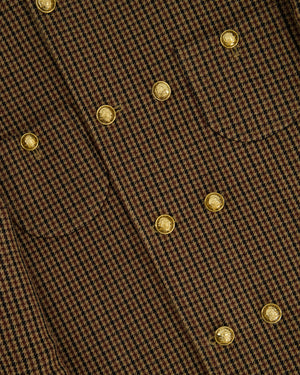 Celine Brown Houndstooth Collarless Jacket with Front Pockets and Gold Crest Buttons Size FR 42 (UK 14)