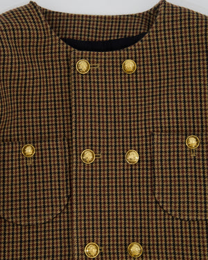 Celine Brown Houndstooth Collarless Jacket with Front Pockets and Gold Crest Buttons Size FR 42 (UK 14)