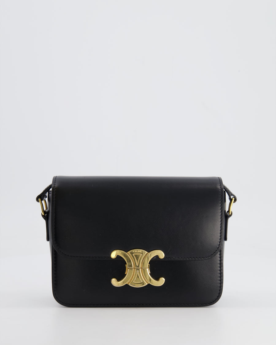 Celine Black Teen Triomphe Bag in Shiny Calfskin Leather with Gold Hardware