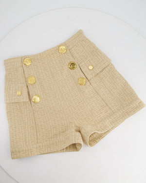 Balmain Printed Beige High Waisted Denim Shorts With Gold Logo Buttons Size FR 34 (UK 6)