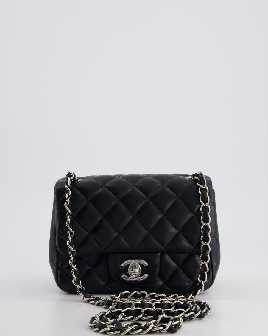 *HOT* Chanel Black Mini Square Flap Bag in Lambskin with Silver Hardware