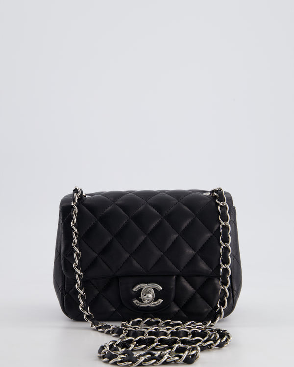 *HOT* Chanel Black Mini Square Flap Bag in Lambskin with Silver Hardware