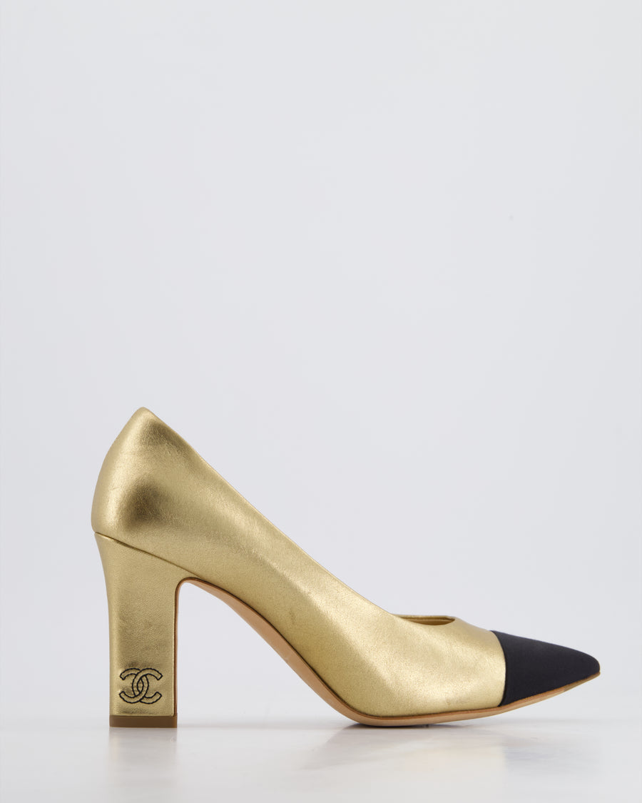 *HOT* Chanel Metallic Gold & Black Lambskin Leather Pumps with Black CC Detail Size EU 39.5C