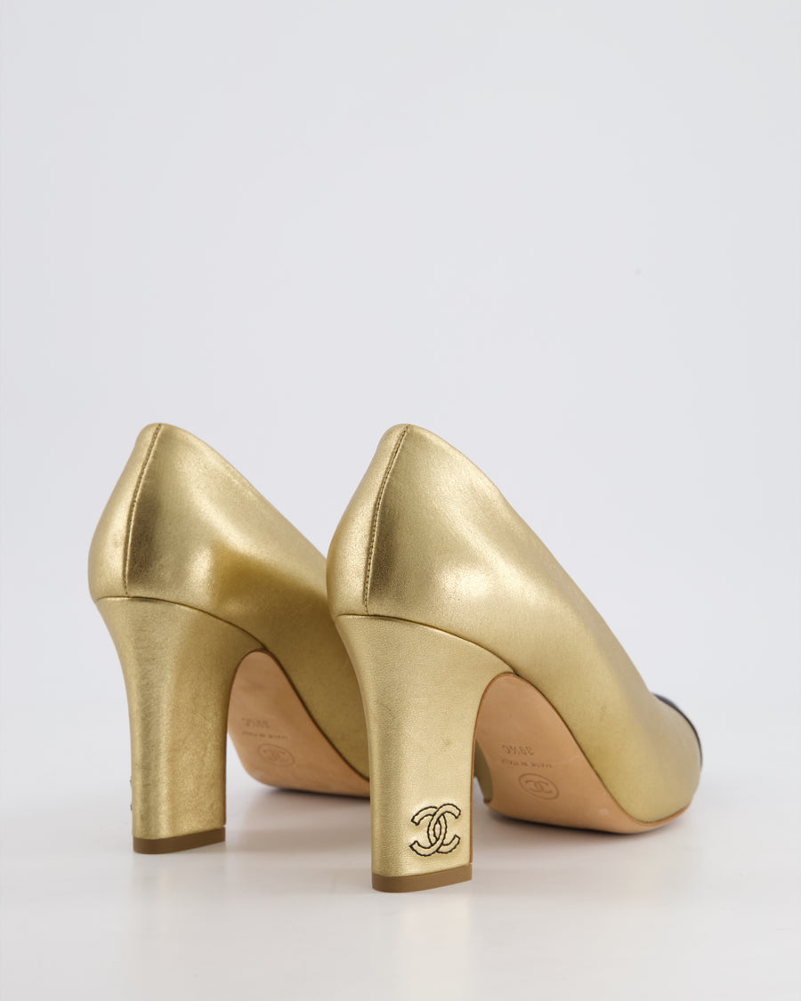 *HOT* Chanel Metallic Gold & Black Lambskin Leather Pumps with Black CC Detail Size EU 39.5C