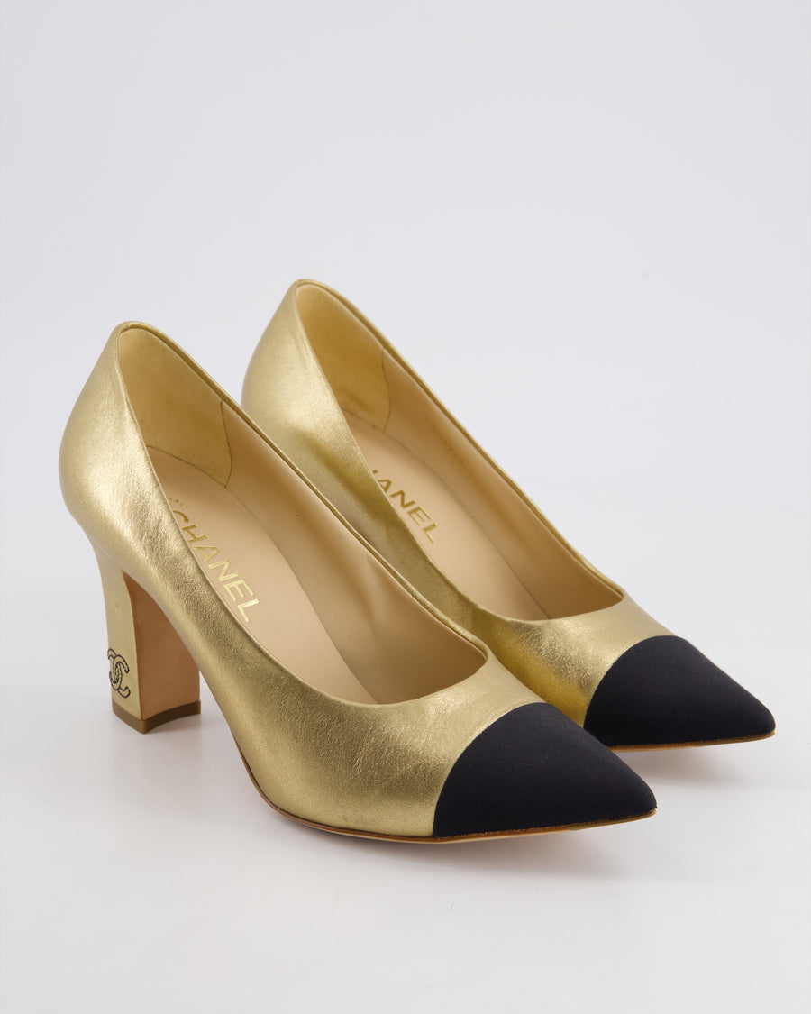 *HOT* Chanel Metallic Gold & Black Lambskin Leather Pumps with Black CC Detail Size EU 39.5C