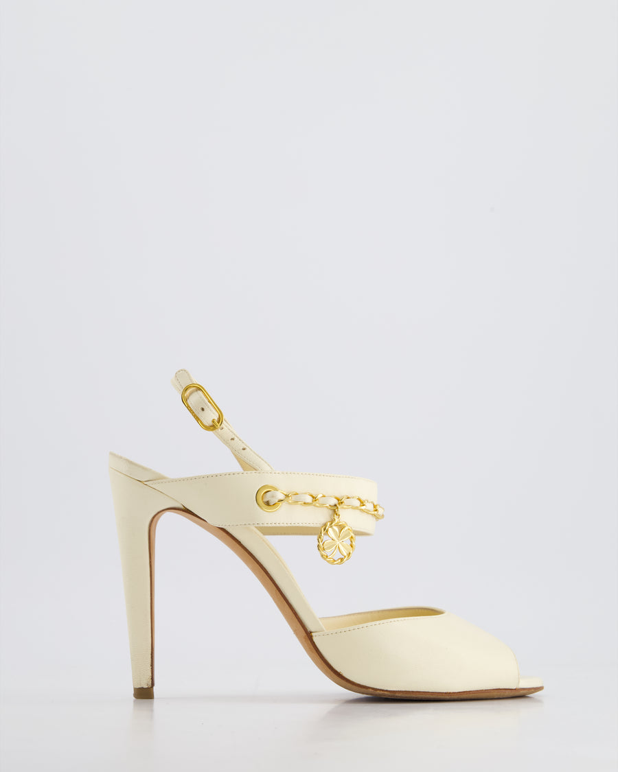 Chanel Cream Slingback Leather Sandals with Gold CC Chain Detail Size EU 39.5