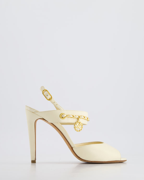 Chanel Cream Slingback Leather Sandals with Gold CC Chain Detail Size EU 39.5