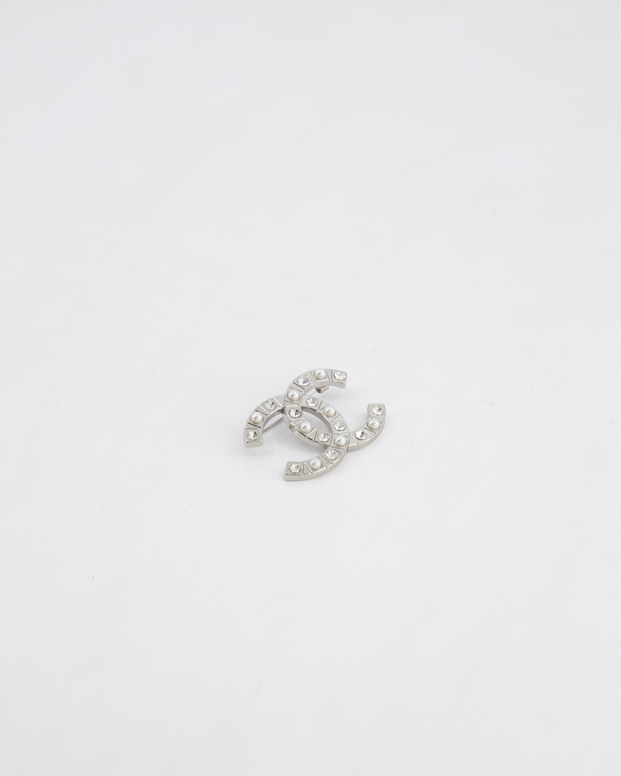 Chanel Silver CC Logo Brooch with Pearl and Crystal Details