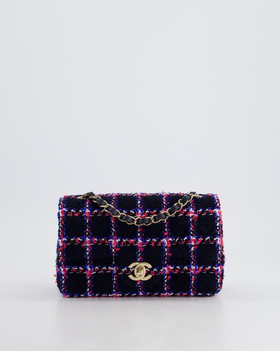 *HOT* Chanel Navy Tweed Mini Rectangular Classic Single Flap Bag with Red, White & Blue Details and Champagne Gold Hardware