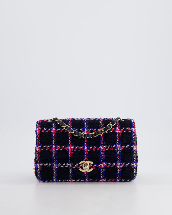 *HOT* Chanel Navy Tweed Mini Rectangular Classic Single Flap Bag with Red, White & Blue Details and Champagne Gold Hardware