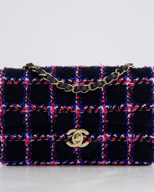 *HOT* Chanel Navy Tweed Mini Rectangular Classic Single Flap Bag with Red, White & Blue Details and Champagne Gold Hardware