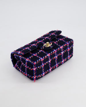 *HOT* Chanel Navy Tweed Mini Rectangular Classic Single Flap Bag with Red, White & Blue Details and Champagne Gold Hardware