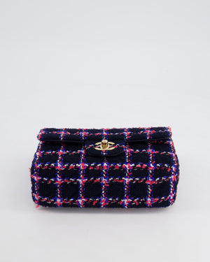 *HOT* Chanel Navy Tweed Mini Rectangular Classic Single Flap Bag with Red, White & Blue Details and Champagne Gold Hardware