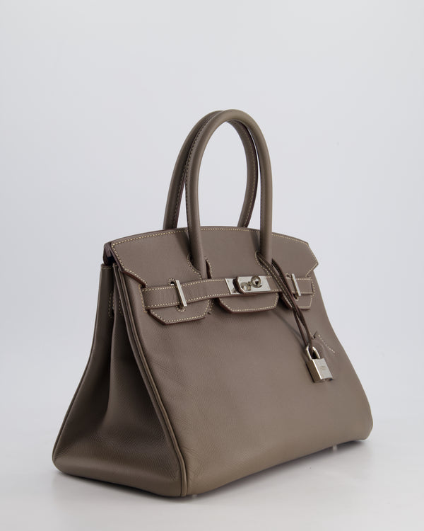 Hermès Birkin 30cm Retourne Bag Verso In Etain & Bleu Thalassa Epsom Leather with Palladium Hardware