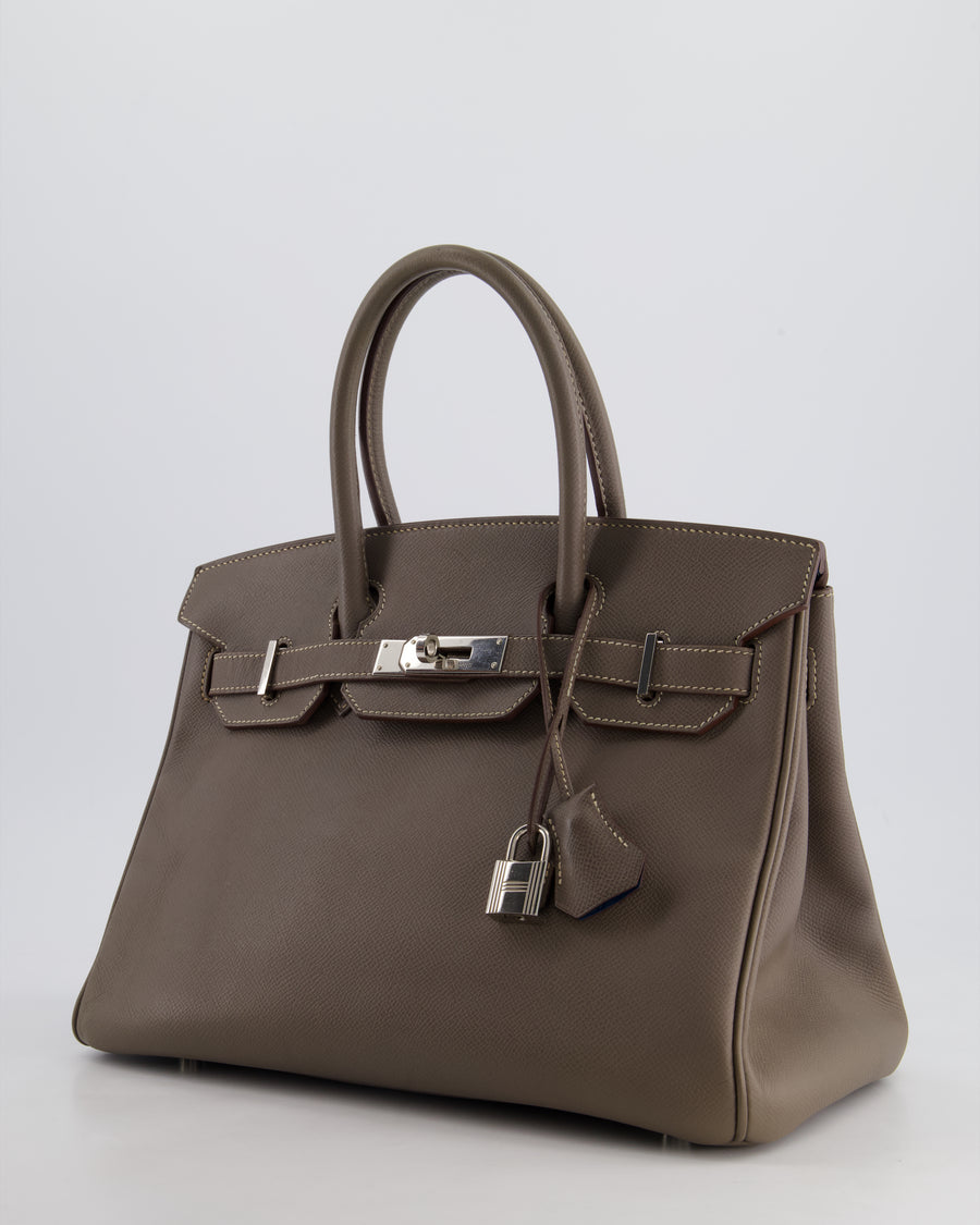 Hermès Birkin 30cm Retourne Bag Verso In Etain & Bleu Thalassa Epsom Leather with Palladium Hardware