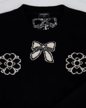 Chanel 16/A Black Camellia and Bow Long Sleeve Jumper with Pocket Detail Size FR 38 (UK 10)