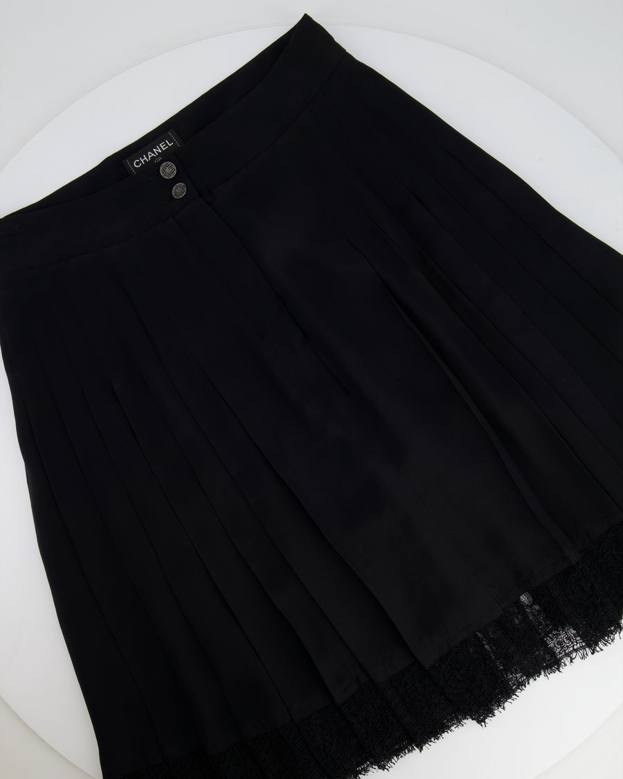 Chanel Cruise 2005 Black Silk Pleated Mini Skirt with Lace Trim and CC Buttons Size FR 38 ( UK 10)