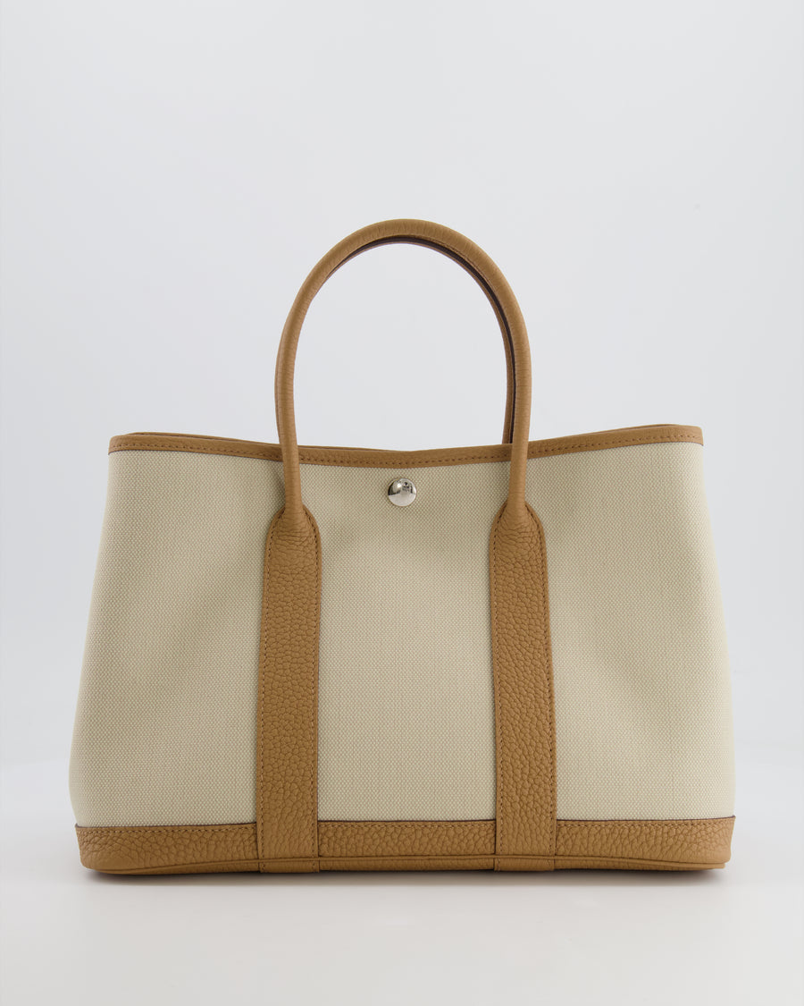 Hermès Garden Party 30cm Bag in Beton Canvas and Biscuit Negonda Leather with Palladium Hardware