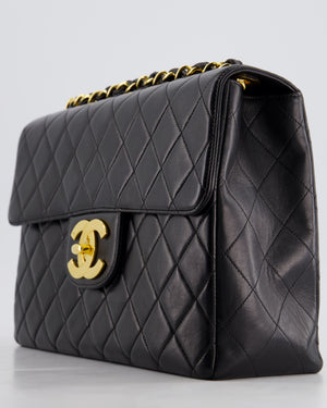 Chanel Black Vintage Maxi Mademoiselle Single Flap Bag in Lambskin with 24K Gold Hardware