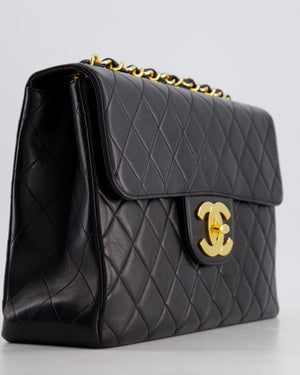 Chanel Black Vintage Maxi Mademoiselle Single Flap Bag in Lambskin with 24K Gold Hardware