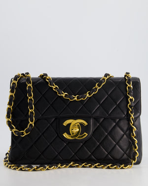 Chanel Black Vintage Maxi Mademoiselle Single Flap Bag in Lambskin with 24K Gold Hardware