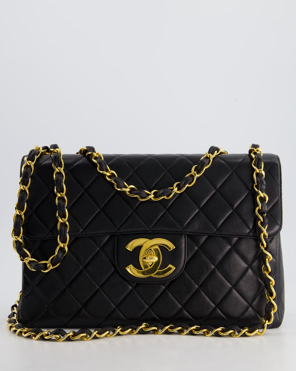 Chanel Black Vintage Maxi Mademoiselle Single Flap Bag in Lambskin with 24K Gold Hardware