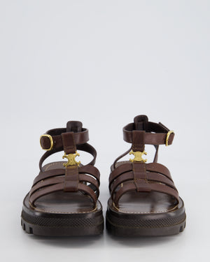 Celine Clea Triomphe Gladiator Sandals In Dark Brown Calfskin Leather With Gold Logo Detail Size 37