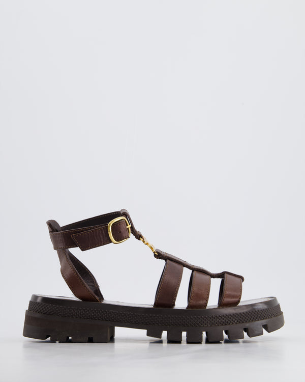 Celine Clea Triomphe Gladiator Sandals In Dark Brown Calfskin Leather With Gold Logo Detail Size 37