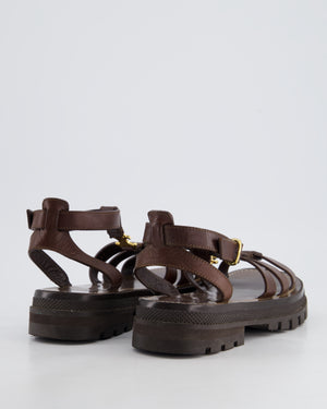 Celine Clea Triomphe Gladiator Sandals In Dark Brown Calfskin Leather With Gold Logo Detail Size 37