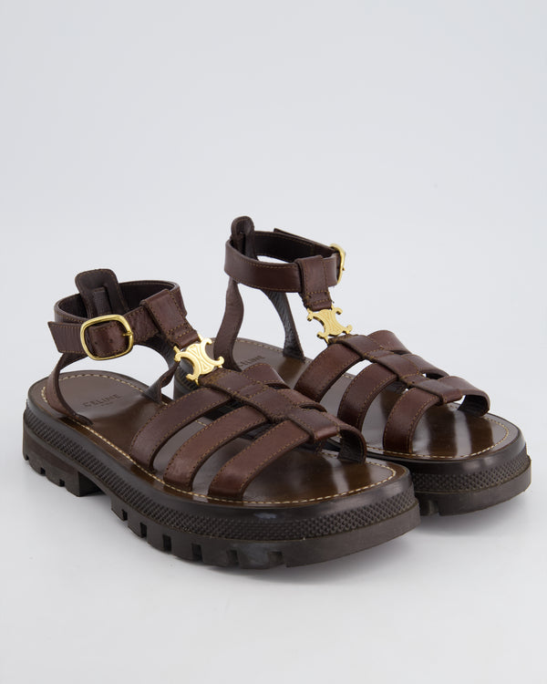 Celine Clea Triomphe Gladiator Sandals In Dark Brown Calfskin Leather With Gold Logo Detail Size 37