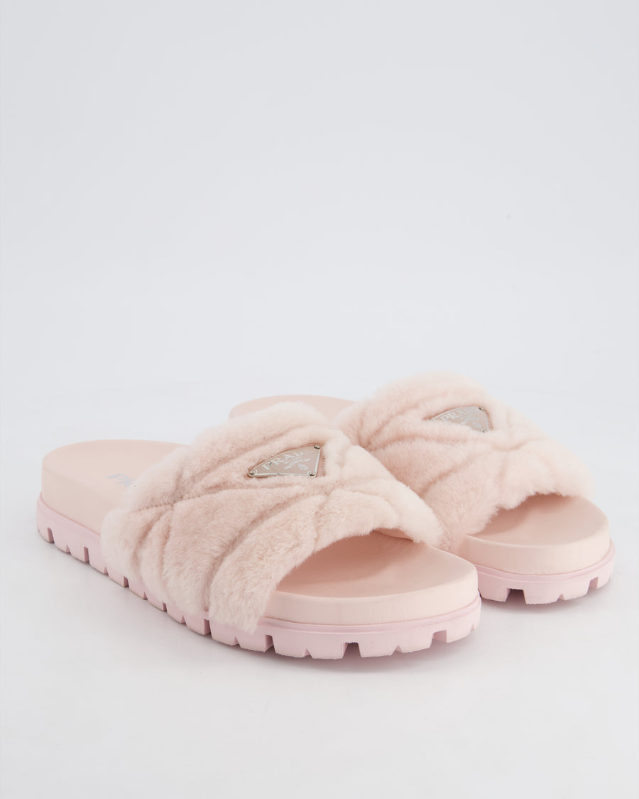 Prada Light Pink Shearling Slides Size EU 37.5