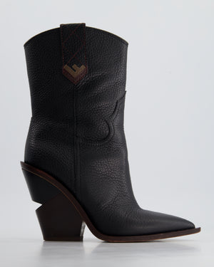 Fendi Black Leather Cowboy Boots with Logo and Cut Out Heels Size EU 38.5