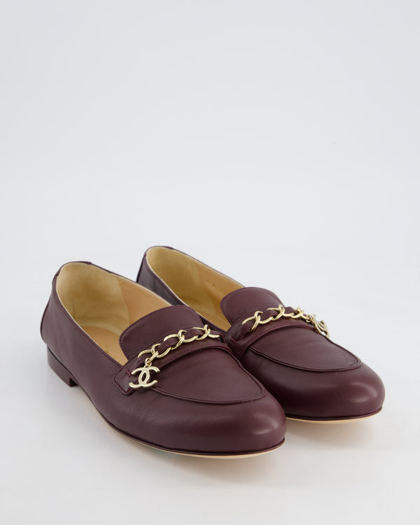 Chanel Burgundy Lambskin Leather Loafer with Chain Embellishment and CC Charm Size EU 38.5