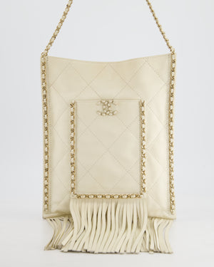 Chanel Cruise 22 Ivory Calfskin Quilted CC Fringe Small Shopping Handbag with Champaign Gold Hardware