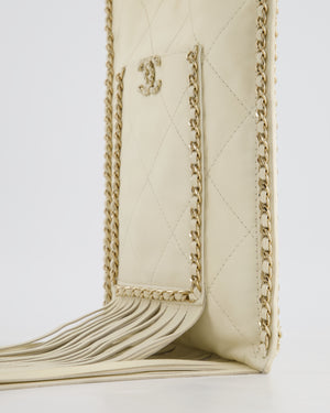 Chanel Cruise 22 Ivory Calfskin Quilted CC Fringe Small Shopping Handbag with Champaign Gold Hardware