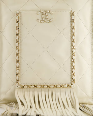 Chanel Cruise 22 Ivory Calfskin Quilted CC Fringe Small Shopping Handbag with Champaign Gold Hardware