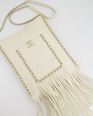 Chanel Cruise 22 Ivory Calfskin Quilted CC Fringe Small Shopping Handbag with Champaign Gold Hardware