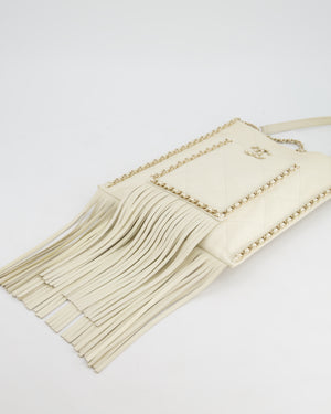 Chanel Cruise 22 Ivory Calfskin Quilted CC Fringe Small Shopping Handbag with Champaign Gold Hardware