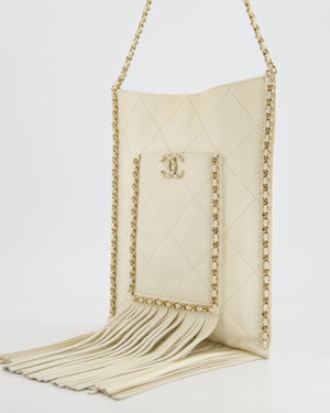 Chanel Cruise 22 Ivory Calfskin Quilted CC Fringe Small Shopping Handbag with Champaign Gold Hardware