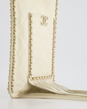 Chanel Cruise 22 Ivory Calfskin Quilted CC Fringe Small Shopping Handbag with Champaign Gold Hardware