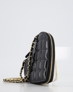 Chanel Black & White 23P Patent Calfskin Resin Quilted CC Double Heart Clutch with Champaign Gold Hardware