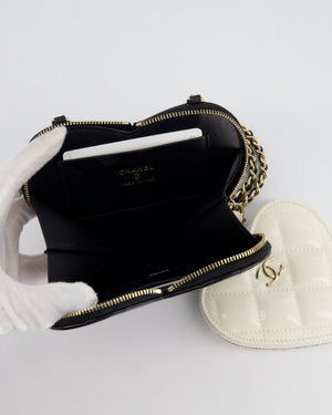 Chanel Black & White 23P Patent Calfskin Resin Quilted CC Double Heart Clutch with Champaign Gold Hardware