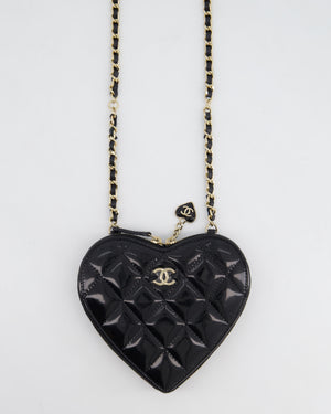 Chanel Black & White 23P Patent Calfskin Resin Quilted CC Double Heart Clutch with Champaign Gold Hardware